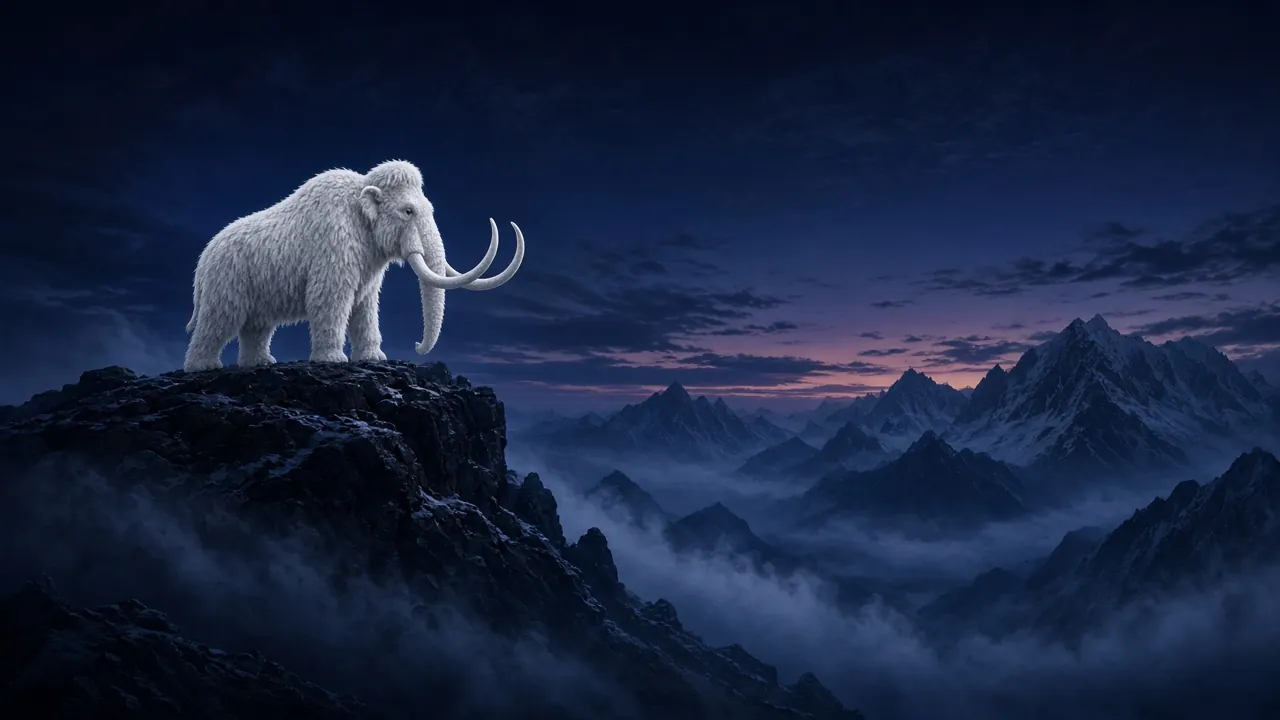 Un mamut sobre una cumbre, con una cordillera al fondo