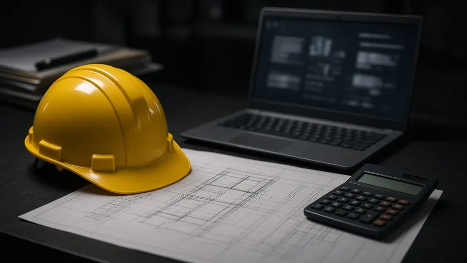 Planos de construcción, casco y computadora para estimación de costos